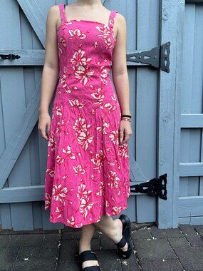 Vintage 2000s Pink Floral Viscose Fit & Flare Midi Dress Size Small (EU 38)